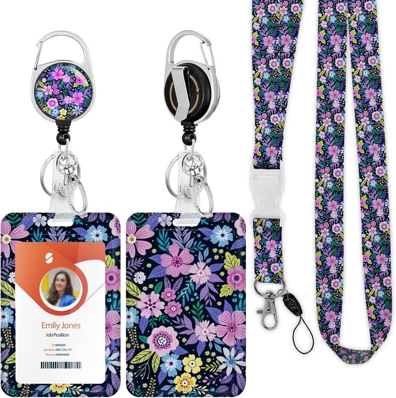 Boutilon ID Badge Holder with Lanyard,Retractable ID Badge Card Holders Detachable Neck Lanyard Strap with Badge Reel and Vertical ID Holder for Nurse Students Teachers Office Staff(Flower Purple) - Image 1